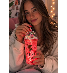 My Drink Temalı Led Işıklı Pipetli Suluk Buz Görünümlü 450 ML Çift Katman Mika Su Şişesi 2642 KRMZ