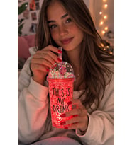 My Drink Temalı Led Işıklı Pipetli Suluk Buz Görünümlü 450 ML Çift Katman Mika Su Şişesi 2642 KRMZ