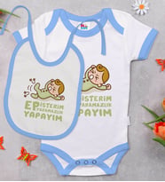 BK Kids Ep İsterim Tasarımlı Mavi Bebek Body Zıbın ve Mama Önlüğü Hediye Seti-2