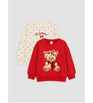 LCW Kids Kırmızı Ayı Teddy Baskılı Kız Çocuk Sweatshirt 2'li