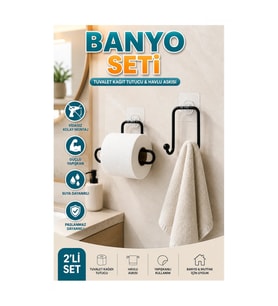 Yapışkanlı Tuvalet Kağıdı Tutucu ve Havlu Askısı – Vidasız 2 Parça Banyo Seti
