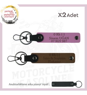Motosiklet Aşıkları İçin İsim Plaka ve 0 (-) Kan Grubu Yazılı Kişisel x2 Anahtarlık, Kahve-Pembe-Syh (Çok Renkli)