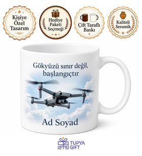 İsimli Drone Desenli Pilot Kupası Özel Tasarım Baskılı Kupa Bardak Hediye