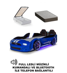 Mavi Bazalı Arabalı Yatak Kapıları Açılan Mustang Full Ledli Kumandalı ve Müzikli + Ortopedik Yatak
