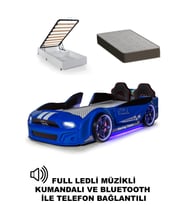 Mavi Bazalı Arabalı Yatak Kapıları Açılan Mustang Full Ledli Kumandalı ve Müzikli + Ortopedik Yatak