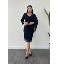 Atlas Kumaş Şifon Broş Detaylı Kalem Elbise - LACİVERT