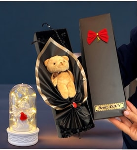 Hediye Kutusunda Size Özel İsimli Peluş Ayıcık Buketi ve Işıklı Beyaz Melekli Fanus (Model 1)