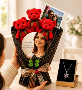 Kişiye Özel Fotoğraflı Aynalı Kırmızı Ayıcık Buketi ve Ametist Lotus Kolye Kadına Hediye