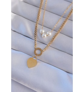 316L Çelik Gold Renk Çift Zincir İnci Detayı Love Kalp Kolye - TJ-BKO8939