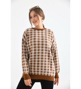 FTZ Women Kadın Kare Desen Bluz Taba 21-6334