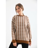 FTZ Women Kadın Kare Desen Bluz Taba 21-6334