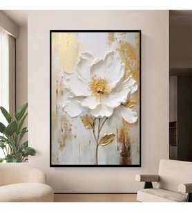 Tablolife Soyut Gold Beyaz Çiçek 3D Yoğun Yağlı Boya Dokulu Tablo Siyah Çerçeve