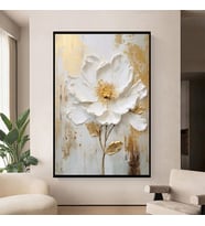 Tablolife Soyut Gold Beyaz Çiçek 3D Yoğun Yağlı Boya Dokulu Tablo Siyah Çerçeve