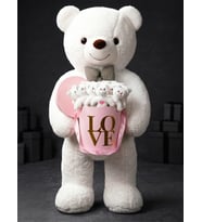 Dev 90cm Beyaz Peluş Ayı + 15 Mini Ayıcık Pembe Love Kutusu Sevgiliye Arkadaşa Ablaya Konsept Hediye Peluş Oyuncak