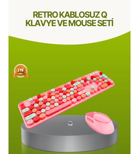 Bluetooth Retro Kablosuz Klavye ve Mouse Seti - 3 Cihaz Bağlantılı, Sessiz Tuş, Uzun Pil Ömrü