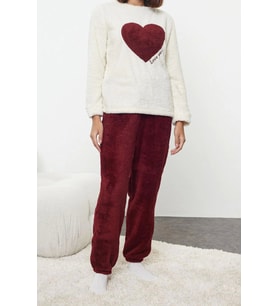 Tarz Rahat Uzun Kollu Lastikli Paça Kalpli Wellsoft Kışlık Örme Pijama Takımı (Ekru)