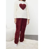 Tarz Rahat Uzun Kollu Lastikli Paça Kalpli Wellsoft Kışlık Örme Pijama Takımı (Ekru)