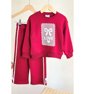 Love Dantel Desenli Kız Çocuk 2 li Takım - Bordo