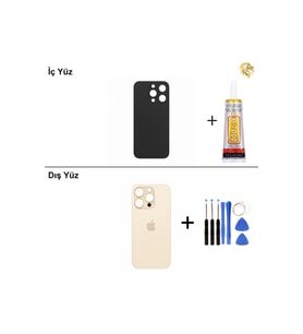 iPhone 14 Pro Altın Arka Kapak Arka Cam Batarya Kapağı Lazer Kesim Kapak Pil Kapağı + B-7000 Yapıştırıcı + Tamir Seti