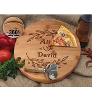 BK Gift Kişiye Özel İsimli Bambu Ahşap Döner Tablalı Pizza Tahtası-10, Pizza Kesme Tahtası Seti, Şarküteri Tahtası, Servis Tepsisi, Ahşap Tabak, Eve Taşınma Hediyesi