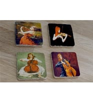 Keman ve Violonsel Çalan Kızlar Doğal Taş Bardak Altlığı 4'lü set - Natural Stone Coasters
