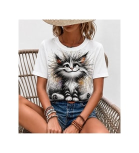 Kadın Kısa Kollu Bisiklet Yaka Kedi Baskılı Süprem Bluz
