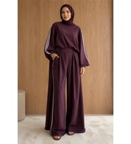 kadın bordo şerit detaylı oversize tunik pantolon ikili tesettür takım NMS102