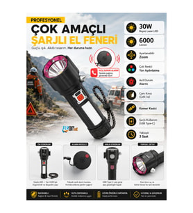 Profesyonel Çok Fonksiyonlu Şarjlı El Feneri 6000 Lümen Acil Durum Ses Alarmı Deprem Afet Kamp ve Araç Lambası Cam Kıracaklı ve Halat Kesici