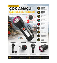 Profesyonel Çok Fonksiyonlu Şarjlı El Feneri 6000 Lümen Acil Durum Ses Alarmı Deprem Afet Kamp ve Araç Lambası Cam Kıracaklı ve Halat Kesici