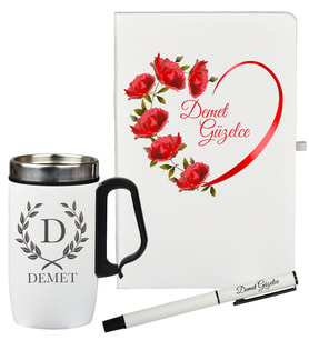Sevgiliye Hediye, Arkadaşa Hediye Kişiye Özel Defter Kalem Ve Termos - Mug Seti