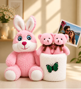 Kişiye Özel Fotoğraflı 2'li Peluş Ayıcık Buketi ve Pembe Peluş Tavşan Hediye Seti