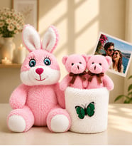 Kişiye Özel Fotoğraflı 2'li Peluş Ayıcık Buketi ve Pembe Peluş Tavşan Hediye Seti