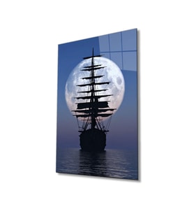 Miyrem Glasses Collection -A1^#  Ay Gece Yelkenli Gemi Cam Tablo, Cam Tablo (Çok Renkli)