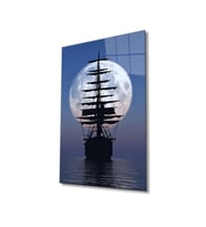 Miyrem Glasses Collection -A1^#  Ay Gece Yelkenli Gemi Cam Tablo, Cam Tablo (Çok Renkli)