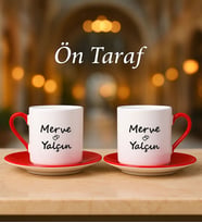 BK Gift Kişiye Özel Kalpli İsimli 2'li Kırmızı Tabaklı Türk Kahvesi Fincan Takımı Seti-1, Sevgiliye Hediye, Arkadaş Hediye, Eşe Hediye