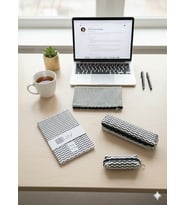 Adalinhome Lizy Modern Geometrik Desen Günlük&Ofis Seti (Defter-Akseuar Çantası-Kalemlik-Para Çantası) (Siyah - Beyaz)