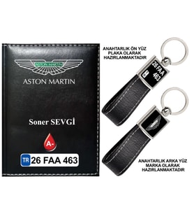 Plakanıza Özel Aston Martin Logolu Siyah Ruhsat Kabı ve Anahtarlık