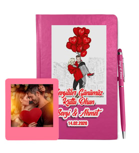 Sevgililer Gününe Özel Pembe Defter Kalem & Instagram Çerçeve Hediye Seti 16