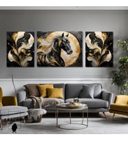 3lü Kanvas Şık Salon Duvar Tablosu Modern Soyut Siyah Gold At