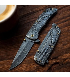 Knivox Columbia Company FXT-2370 Geyik İşlemeli Siyah Manuel Kamp Çakısı