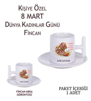8 Mart Dünya Kadınlar Günü Çiçekli Kadın Silüeti Tasarımlı Kişiye Özel Kahve Fincanı T Kulp Kahve Fincanı (Parlak Beyaz)