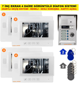 7 İNÇ EKRAN 4 DAİRELİK GÖRÜNTÜLÜ DİAFON SİSTEMİ (KARTLI GEÇİŞ-RENKLİ-SESLİ KONUŞMA-KAPIYI AÇMA)
