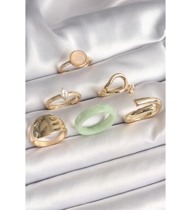 Pirinç Gold Renk Zirkon Taşlı Daire Pembe Mineli Detay 6'Lı Kadın Yüzük Seti