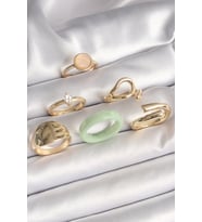 Pirinç Gold Renk Zirkon Taşlı Daire Pembe Mineli Detay 6'Lı Kadın Yüzük Seti