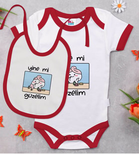BK Kids Yine Mi Güzelim Tasarımlı Kırmızı Bebek Body Zıbın ve Mama Önlüğü Hediye Seti-1