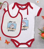 BK Kids Yine Mi Güzelim Tasarımlı Kırmızı Bebek Body Zıbın ve Mama Önlüğü Hediye Seti-1
