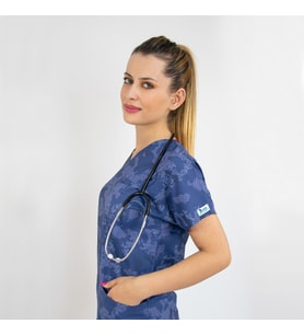 Unisex Harita Desenli Esnek  Likralı Doktor Hemşire Hastane Cerrahi  Scrubs Tek Üst Forma (Mavi)
