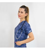 Unisex Harita Desenli Esnek  Likralı Doktor Hemşire Hastane Cerrahi  Scrubs Tek Üst Forma (Mavi)