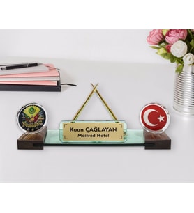 BK Gift Kişiye Özel Türk Bayraklı ve Osmanlı Tuğrağlı Saatli Kristal Masa İsimliği (Beyaz)
