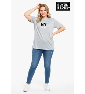 Kadın Büyük Beden NY New York Baskılı 3xl-6xl Bisiklet Yaka Tshırt SPR26BTSK510-15